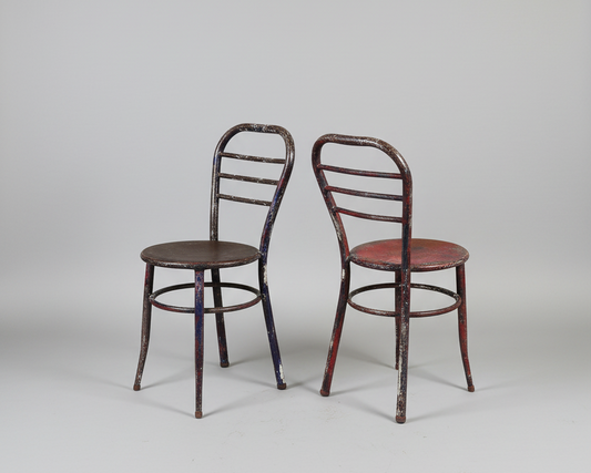 Two vintage metal chairs with chippy paint finish