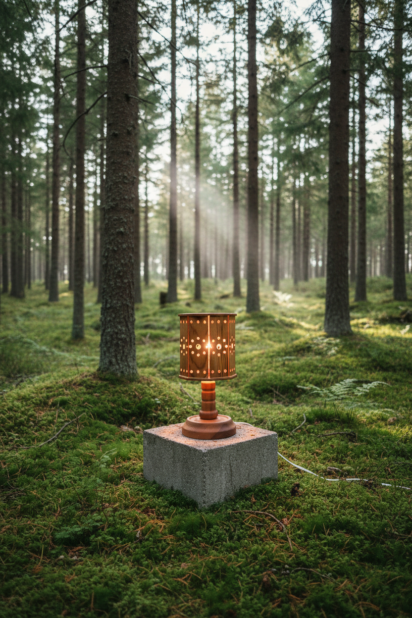 Wooden lamp with a perforatedshade on a white surface on a concrete block in a forest