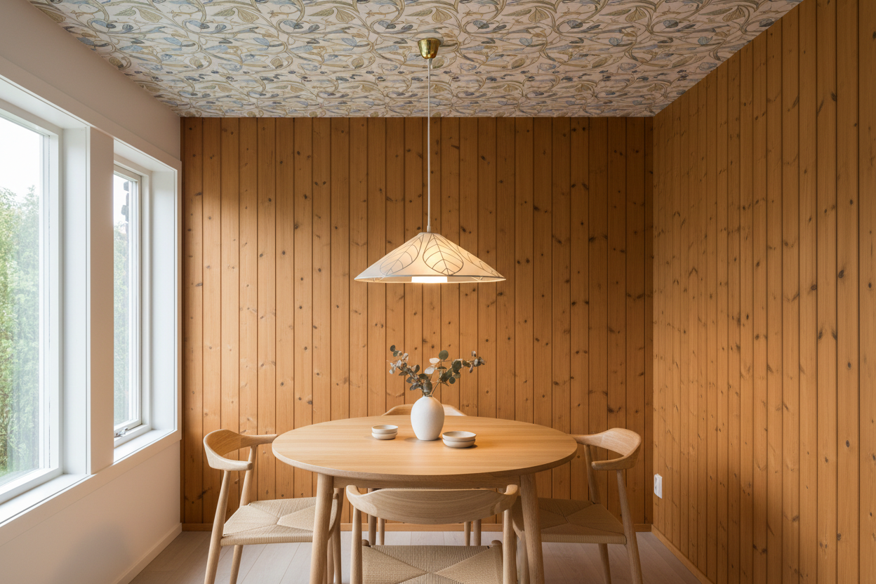Dining room with wooden table and chairs, pendant light, and decorative ceiling.