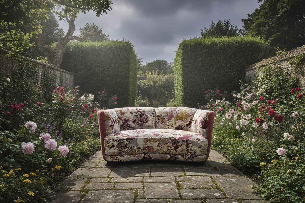Floral-patterned sofa on a concrete floor with a neutral background