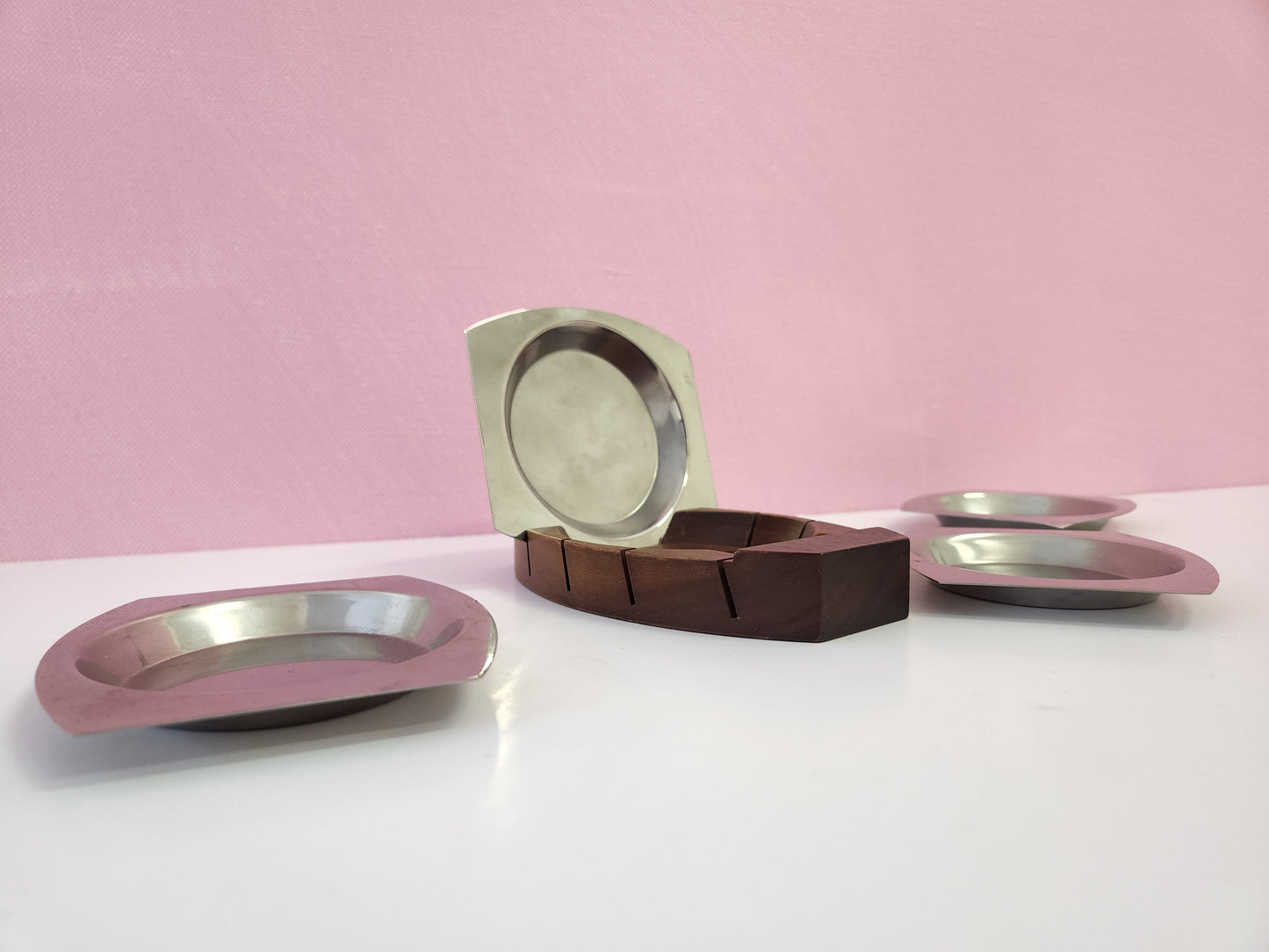 Arthur Salm Walnut Ashtray or Coaster Set: “The Encore” 1968