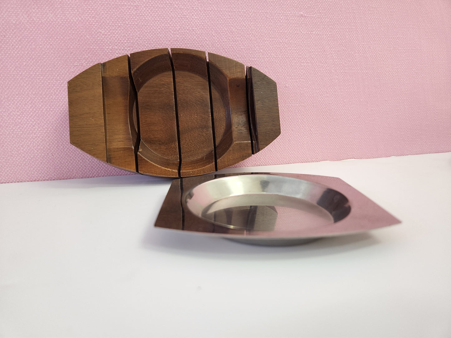 Arthur Salm Walnut Ashtray or Coaster Set: “The Encore” 1968