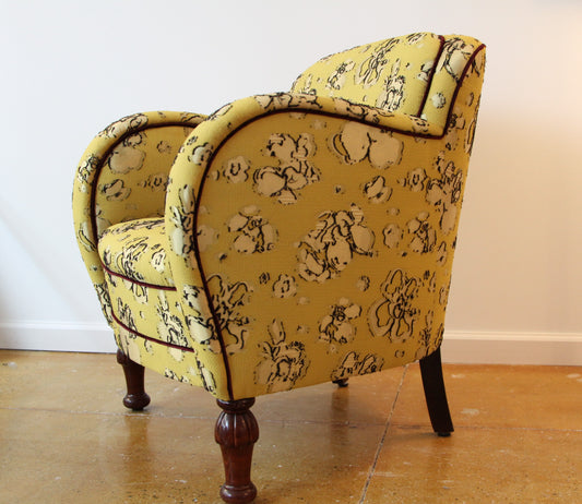 Danish "Dressy" Chair 1930s, Rounded Arms & Couture Textile